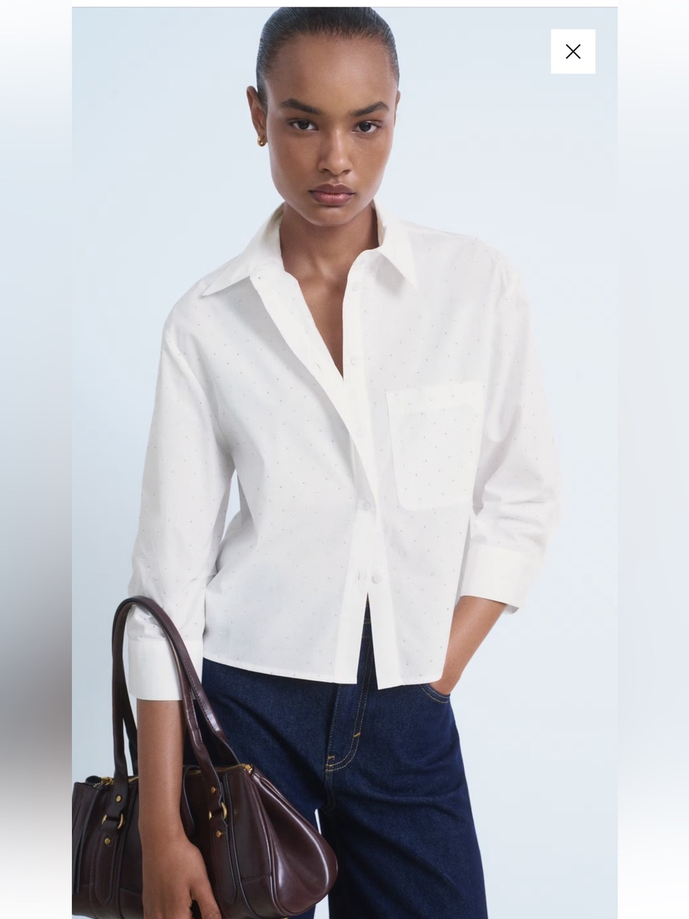 Mango White Cotton Button-Down Rhinestone Embellished Shirt